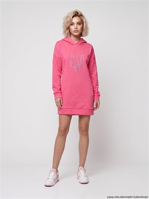 Üç İplik İçi Polar Ön Taş Dizayn Kapişonlu Uzun Sweatshirt Pembe