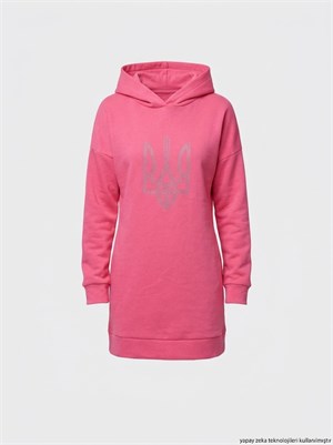 Üç İplik İçi Polar Ön Taş Dizayn Kapişonlu Uzun Sweatshirt Pembe