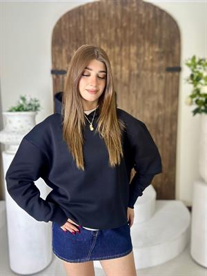 Üç İplik Şardonlu Özel Üretim Kapüşonlu Sweat Siyah