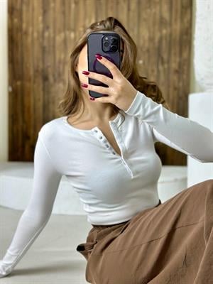 Uzun Kollu Çıtçıt Düğmeli Top Bluz Beyaz