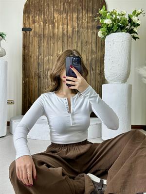 Uzun Kollu Çıtçıt Düğmeli Top Bluz Beyaz