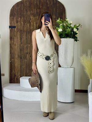 V Polo Yaka Fitilli Triko Midi Boy Elbise 