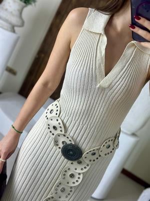 V Polo Yaka Fitilli Triko Midi Boy Elbise 