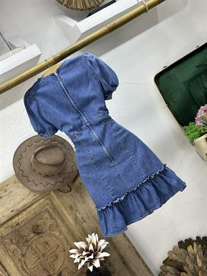 V Yaka Eteği Fırfırlı Jean Elbise