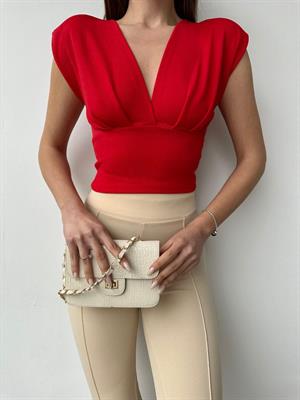 Vatkalı Derin V Yaka Renkli Crop Bluz