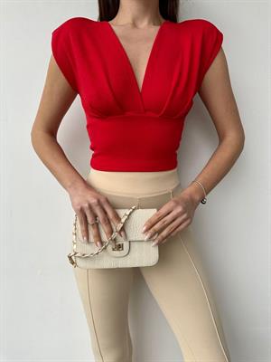 Vatkalı Derin V Yaka Renkli Crop Bluz