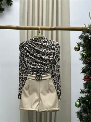 Vegan Deri Halka Detay Şort Krem