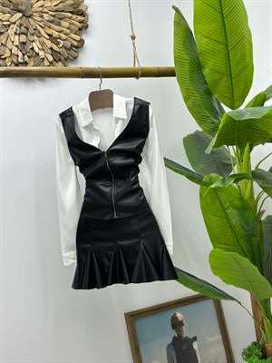 Vegan Deri Kumaş Fermuar Detay Tasarım Yelek