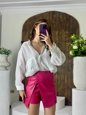 Vegan Deri Kumaş İçi Süet Kaplama Düğmeli Şort Etek Fuşya