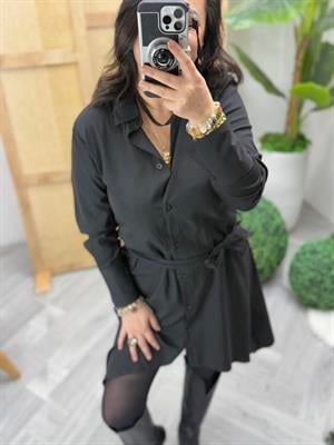 Viskon Dokuma Kumaş Asimetrik Kesim Gömlek Siyah Elbise