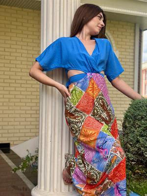 Viskon Kumaş Bel Dekolteli Patchwork Desen Tasarım Elbisemiz