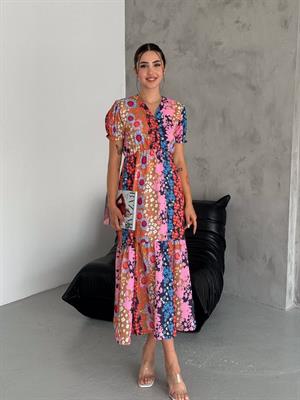 İthal Crep Kumaş Çiçek Desen Kruvaze Yaka Kollar Büzgülü Uzun Elbise 