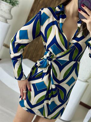 Viskon Kumaş Mavi Desenli Anvalop Gömlek Elbise