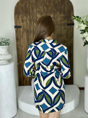 Viskon Kumaş Mavi Desenli Anvalop Gömlek Elbise