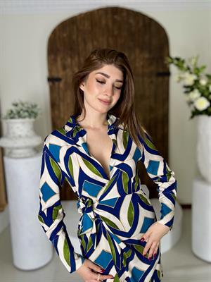 Viskon Kumaş Mavi Desenli Anvalop Gömlek Elbise