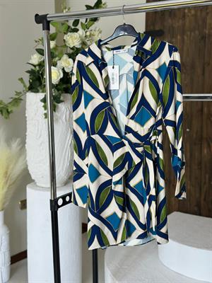 Viskon Kumaş Mavi Desenli Anvalop Gömlek Elbise