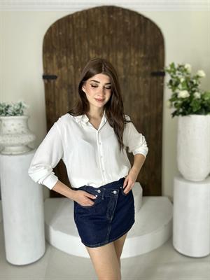 Viskon Kumaş Oversize Basic Gömlek Beyaz