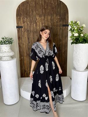 Viskon Kumaş Şal Desen Beli Gipeli Uzun Elbise