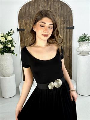 Viskon Kumaş Yırtmaçlı Uzun Siyah Elbise