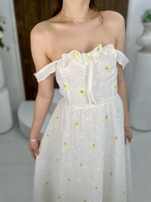 Vual Brode Kumaş Nakışlı Gipe Detay Tasarım Uzun Beyaz Elbise