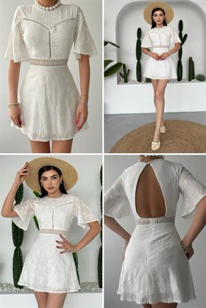 Vual Fisto Kumaş Güpür Detaylı Sırt Dekolteli Tasarım Beyaz Elbise