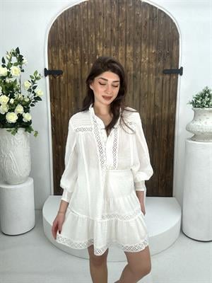 Vual Kumaş Güpür Detay Kloş Tasarım Beyaz Etek Gömlek İkili Takım