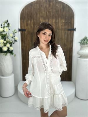 Vual Kumaş Güpür Detay Kloş Tasarım Beyaz Etek Gömlek İkili Takım