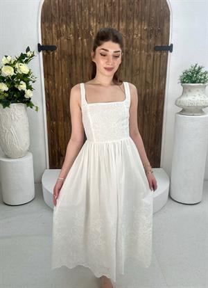 Vual Kumaş Kare Yaka Güpür Detay Midi Boy Beyaz Elbise 