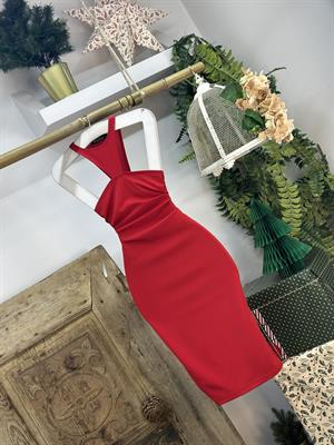 Yaka Detay Straplez Kesim Kalem Elbise