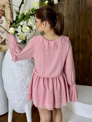 Yaka Fırfırlı Şifon Mini Kat Etekli Elbisemiz Pembe