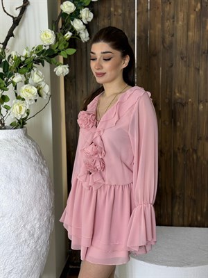 Yaka Fırfırlı Şifon Mini Kat Etekli Elbisemiz Pembe