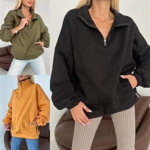 Yaka ve Cep Fermuarlı Rahat Kalıp Sweat