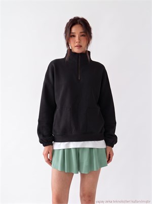 Yaka ve Cep Fermuarlı Rahat Kalıp Sweat