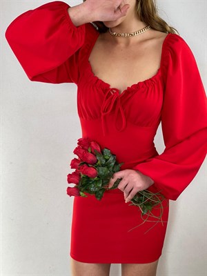 Yakası Büzgülü Crep Dokuma Kumaş Elbise