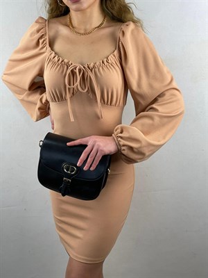 Yakası Büzgülü Crep Dokuma Kumaş Elbise