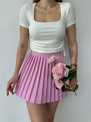 Yan Büzgülü Kare Yaka Sandy Kumaş Bluz