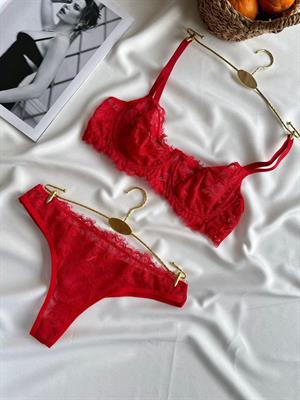 Yaprak Desen Balenli Tül Sütyen Takım Kırmızı