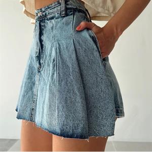 Yıkamalı Jean Kumaş Pileli Şort Etek 