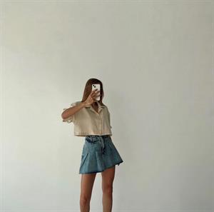 Yıkamalı Jean Kumaş Pileli Şort Etek 