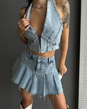 Yıkamalı Jean Kumaş Pileli Şort Etek 