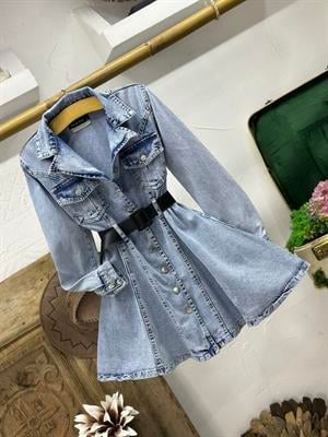 Yıkamalı Jean Kumaş Siyah Kemerli Metal Düğmeli Ceket Elbise