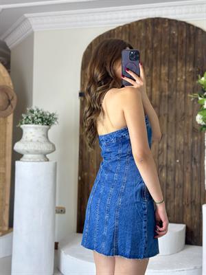 Yıkamalı Jean Kumaş Straplez Mini Elbise
