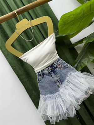 Yıkamalı Jean Kumaş Tül Detaylı Şort Etek 