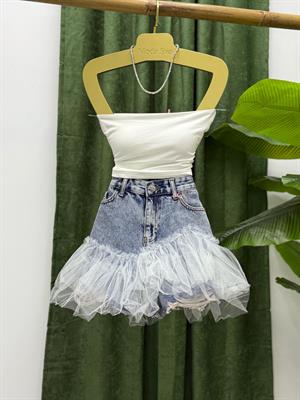 Yıkamalı Jean Kumaş Tül Detaylı Şort Etek 