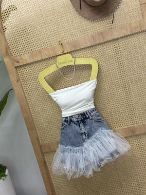 Yıkamalı Jean Kumaş Tül Detaylı Şort Etek 