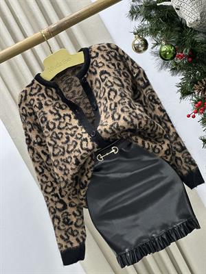 Yumoş Triko Leopar Desen Kahve Hırka