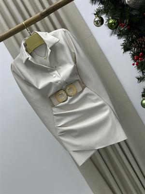 Zarf Etekli Çıt Çıt Düğmeli Deri Gömlek Elbise