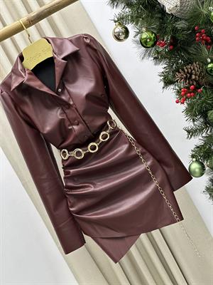 Zarf Etekli Çıt Çıt Düğmeli Deri Gömlek Elbise