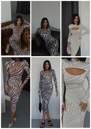 Zebra Desen Pencere Detay Uzun Elbise