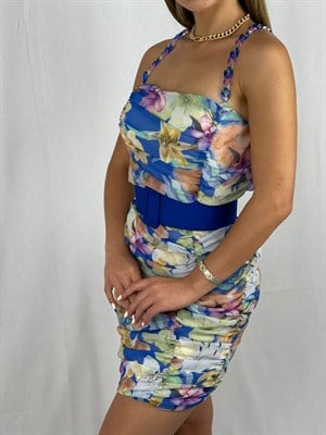 Zincir Askılı Çiçek Desen Drapeli Şifon Elbise